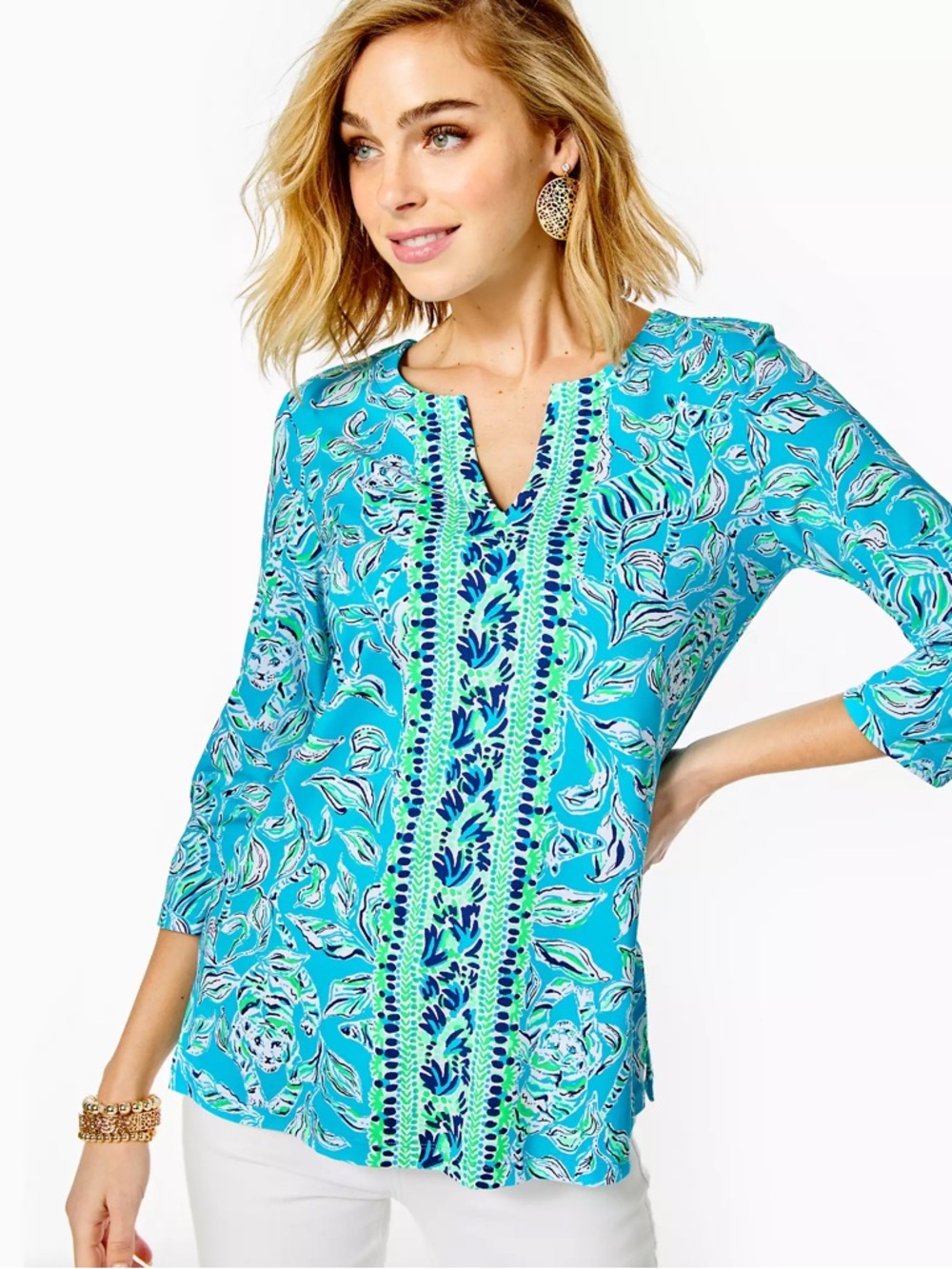 LILLY PULITZER KARINA TUNIC TOP. LARGE,  3/4 SLEEVE, TURQUOISE, TROPICAL, V-NECK